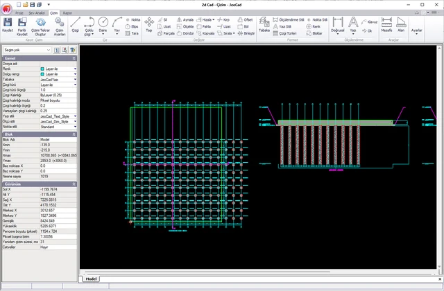 Kazıklı temelin CAD ortamındaki akslı planı ve kesit çizimi.